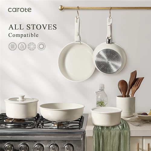 CAROTE Pots and Pans Set Non Stick, Cookware Sets, 11pcs Kitchen Set, Oven\\/Fridge Safe, Space Saving Pots Set, Nonstick Set with Versatile Removable\\/Detachable Handle, Induction RV Set, Cream White