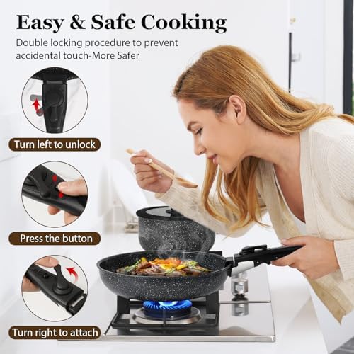 SODAY 15Pcs Pots and Pans Set Non Stick, Cookware Sets with Detachable Handle, Nonstick RV Kitchen Cooking Set Removable Handles, Oven Safe, Induction Fast, Stackable Non-stick Set, Black