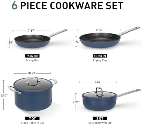 Kitchen Academy Titanium Nonstick Cookware Set - 6 Piece Induction Pots and Pans Set Non Stick, Blue Healthy Cooking Set with Frying Pans, Saucepans & Stock Pot, PFOA&PFOS Free