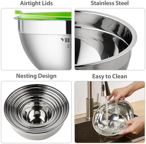 YIHONG 7 Piece Mixing Bowls with Lids for Kitchen, Stainless Steel Mixing Bowls Set Ideal for Baking, Prepping, Cooking and Serving Food, Nesting Metal Mixing Bowls for Space Saving Storage