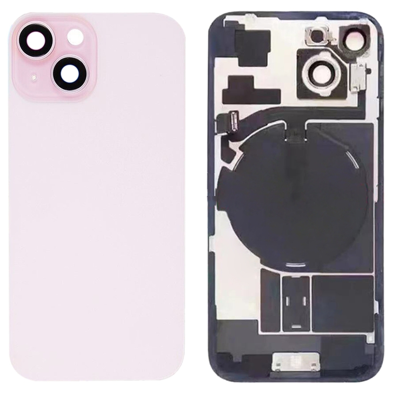 Battery Door + Back Camera Lens and Bezel with Magnetism Ring+Metal Plate+Wireless Charger Chip+Flash Light for iPhone 15 Pink OEM